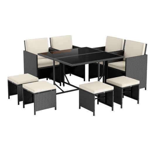 9 Piece Patio Dining Set with Tempered Glass Table and Ottoman-White