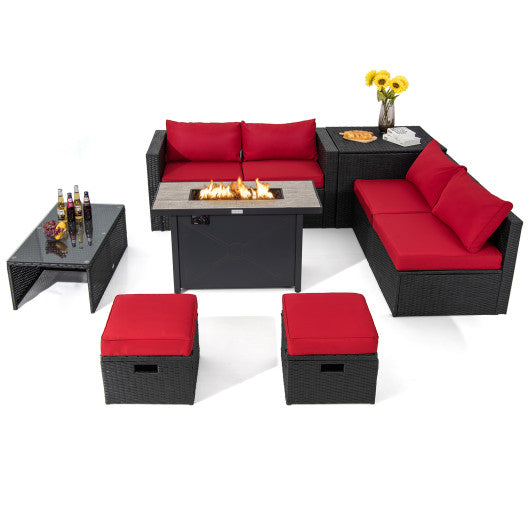 9 Pieces Outdoor PE Rattan Wicker Sectional Sofa with 42 Inch 60 000 BTU Gas Fire Pit Table-Red