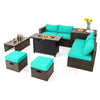 9 Pieces Outdoor Patio Furniture Set with 42 Inch Propane Fire Pit Table-Turquoise - Turquoise