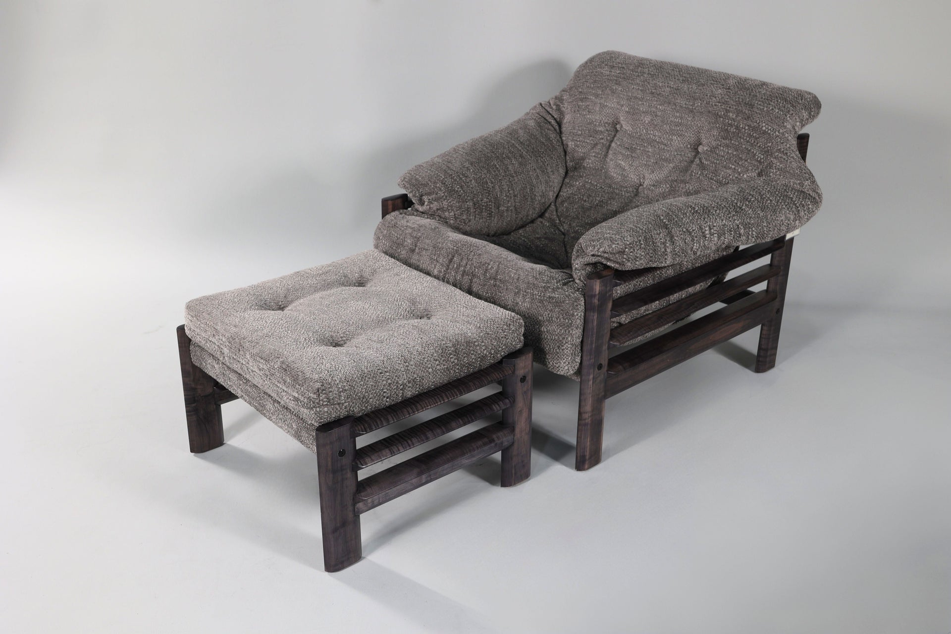 Chair & Ottoman – Taye with Tiger Maple Arms (Grey)