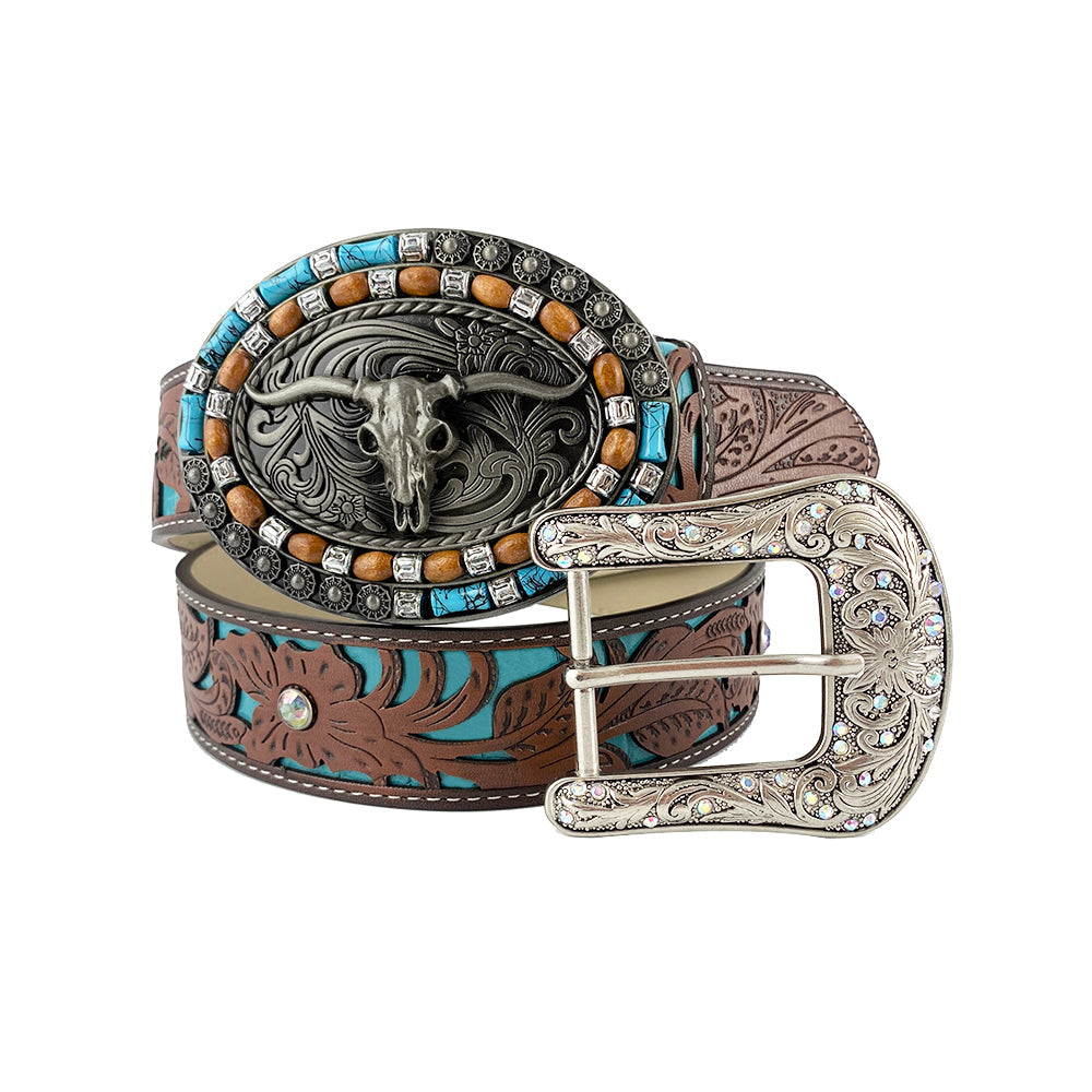 TOPACC Western Turquoise Belts - Turquoise Longhorn Cow Bull Belt Buckle Copper/Bronze