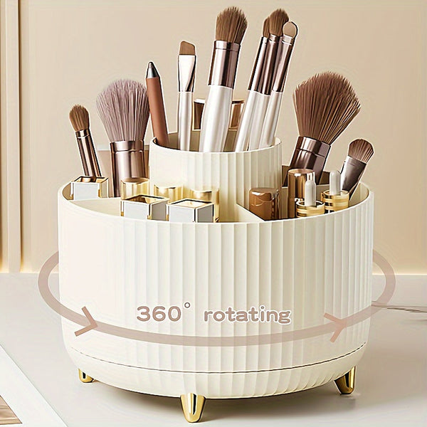 360° Rotating Makeup Organizer - 1pc Plastic Cosmetic Storage with 5 Compartments - Multi-Functional Holder for Brushes, Lipsticks, Skin Care Products, and Stationery - Durable Unscented Desk Caddy with Luxury Stripe Design DSers Fulfillment