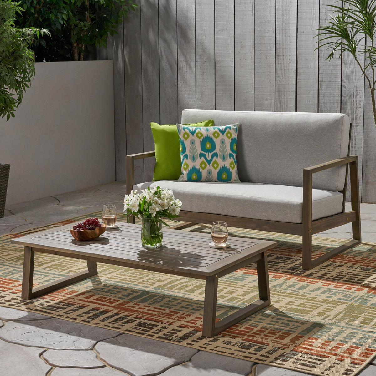 Grey Acacia Wood Outdoor Loveseat and a Table