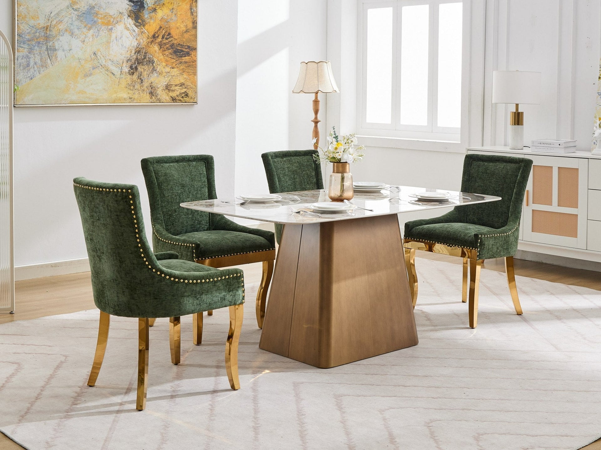 Chenille Dining Chairs Modern Style with Curved Gold-Plated Legs & Rivet Trim