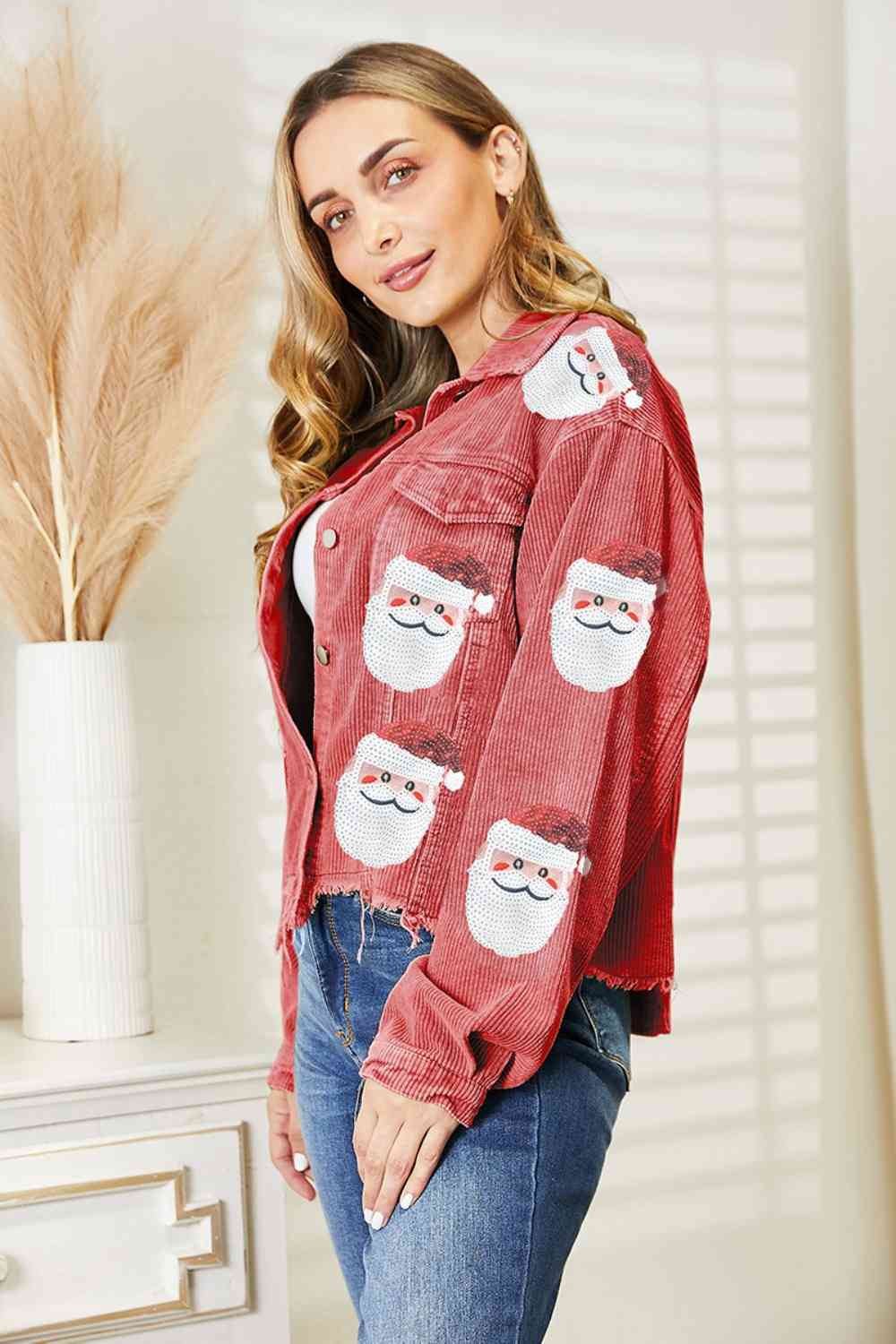 Red Santa Sequin Raw Hem Jacket Festive Buttoned Jacket Charming Winter Women Jacket