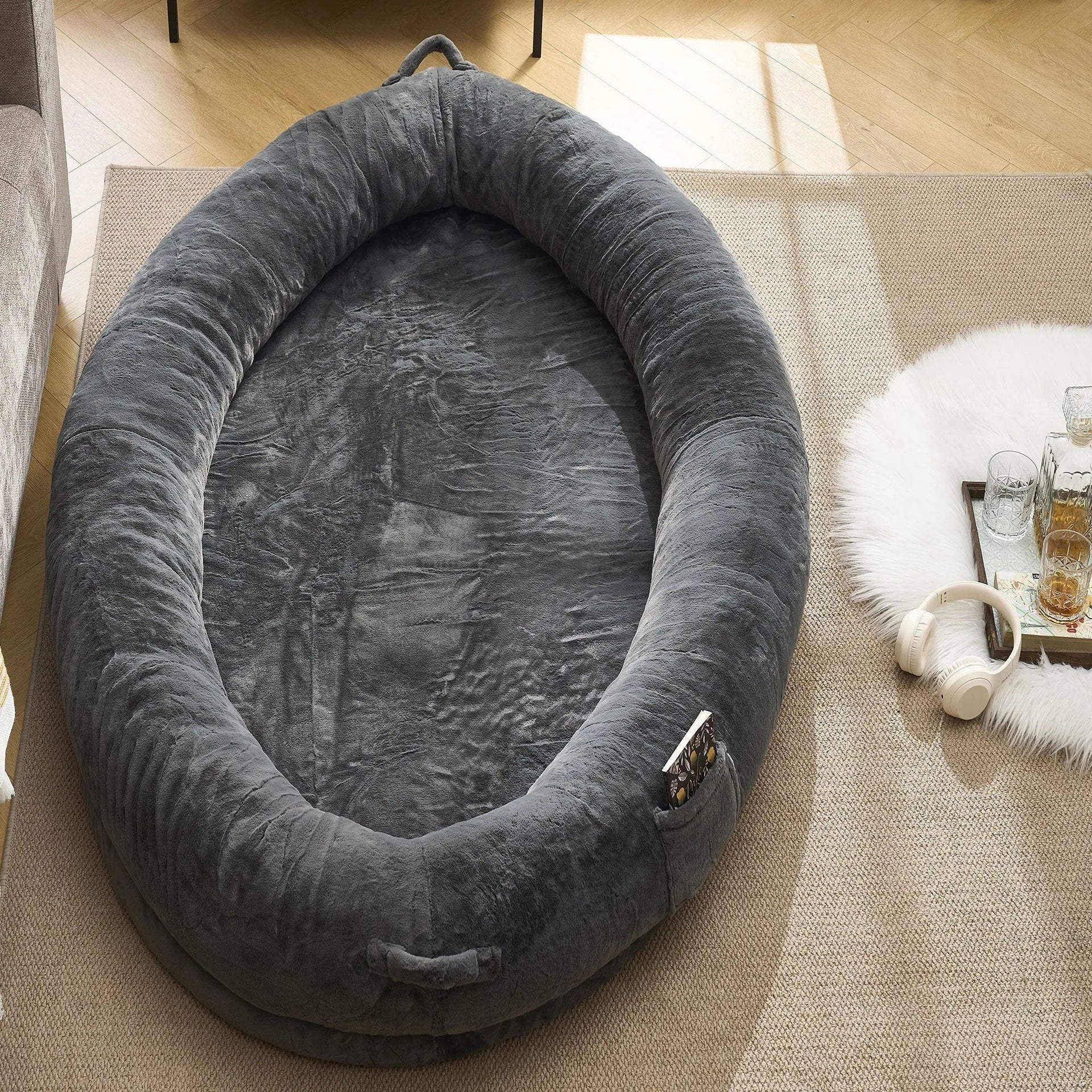 🇫🇷🇪🇪 🇸🇭🇮🇵🇵🇮🇳🇬 Human Dog Bed for Adult, Memory Foam Human Size Pet Bed for Human With Storage Pocket, Dark Gray