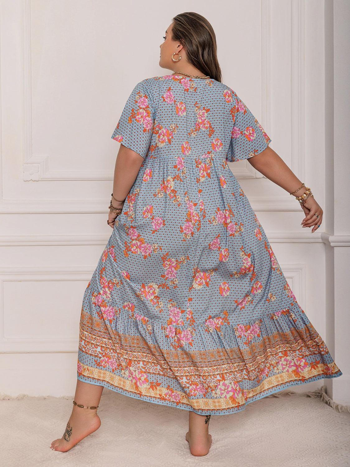 Pink Purple Plus Size Printed Flutter Sleeve Maxi Dress Elegant & Flow   Gifts for You 'n Me