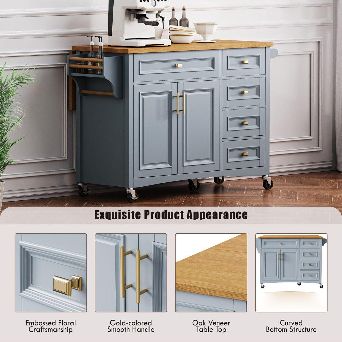K&K 52'' Kitchen Island with Drop Leaf, Embossed Texture Kitchen Island on Wheels with Spice Rack, Towel Rack, 2 Doors and 5 Drawers, Kitchen Storage Cart with Adjustable Shelf for Kitchen, Blue Grey