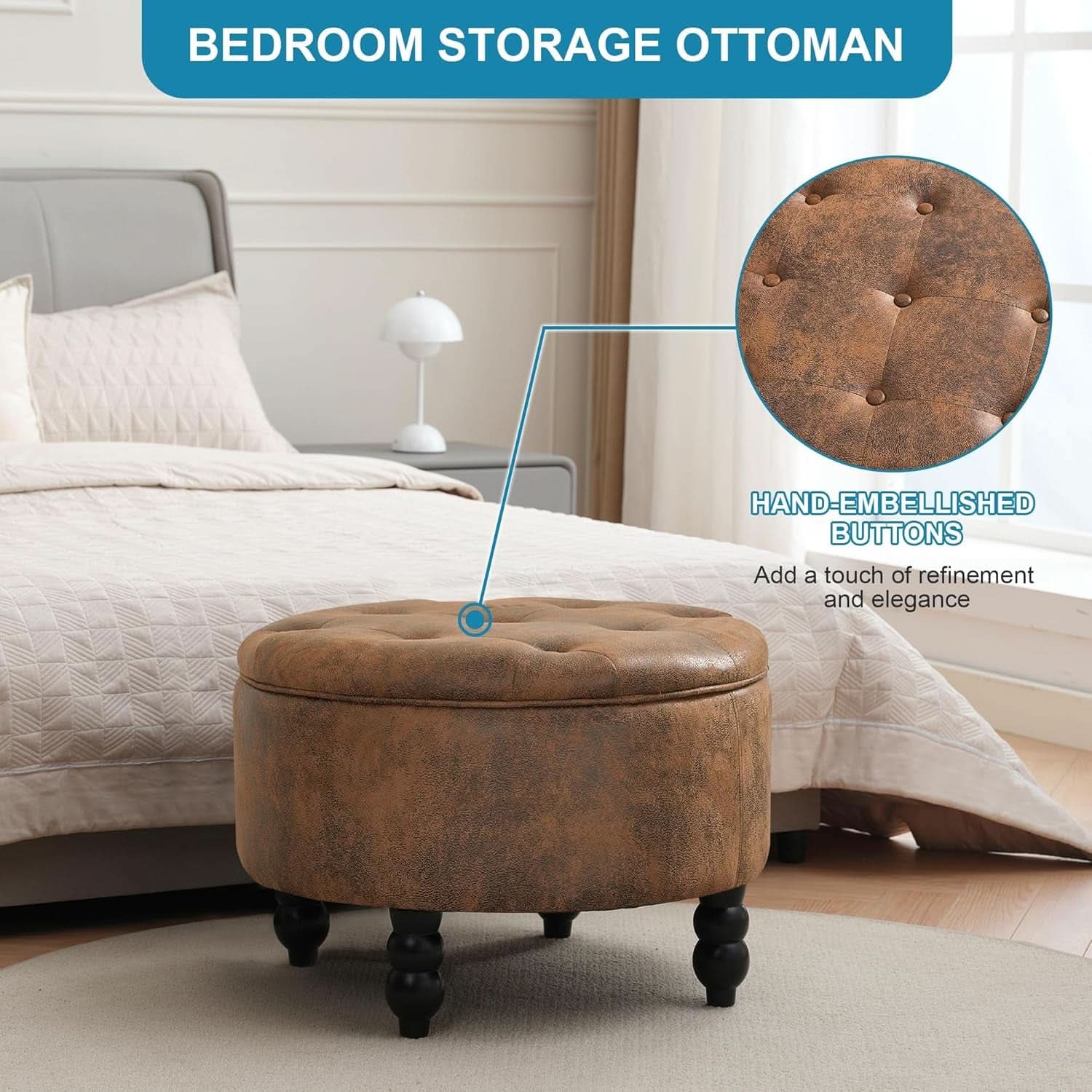 24 Inch Upholstered Storage Ottoman Featuring Tray