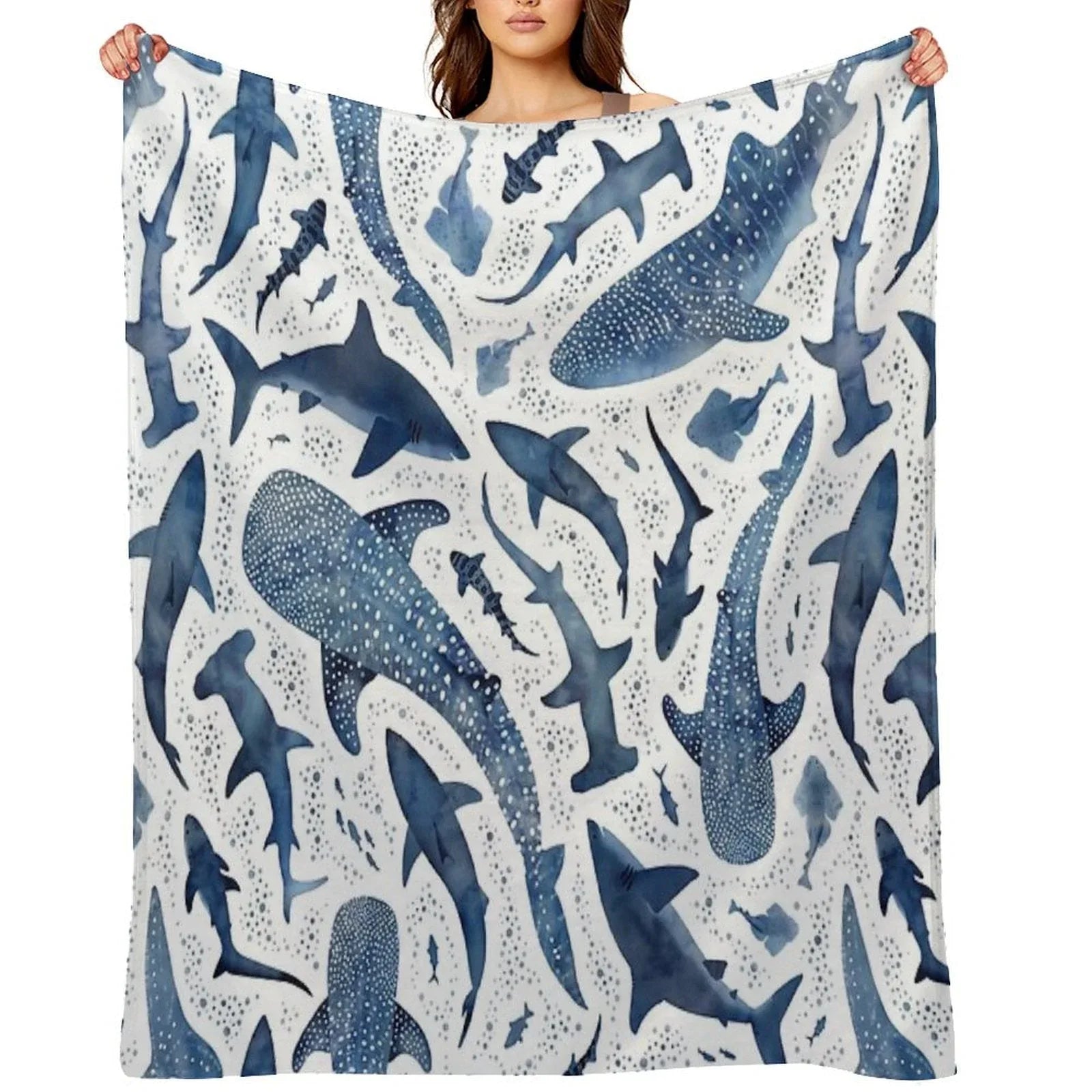 Monochrome Blue Watercolour Shark Ocean on White Throw Blanket