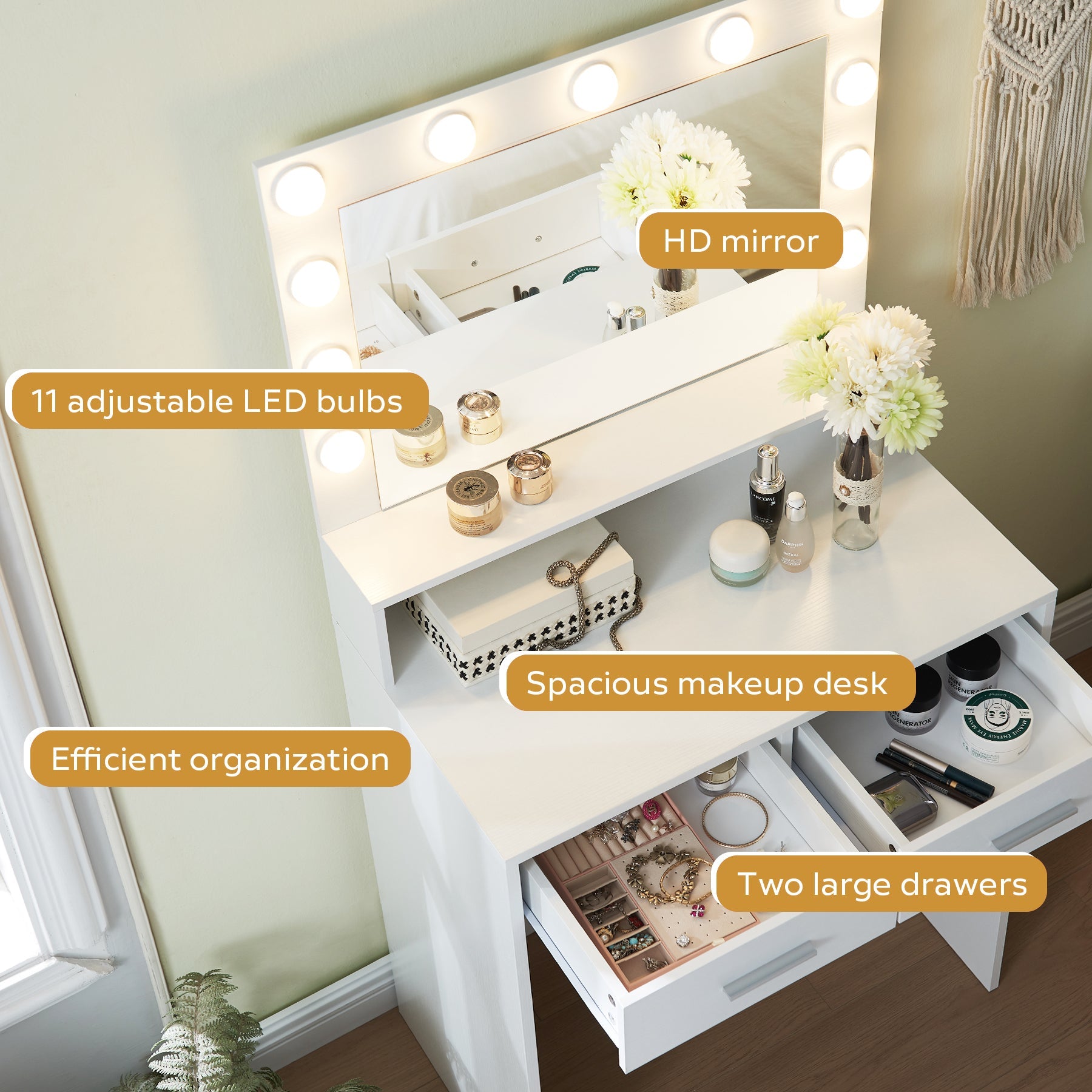 Vanity Desk with Mirror and Lights, Large Drawer and 2-Level Storage, Adjustable Brightness