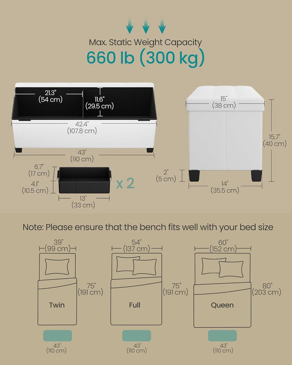 Cloud White Leatherette Storage Ottoman Bench 15x43