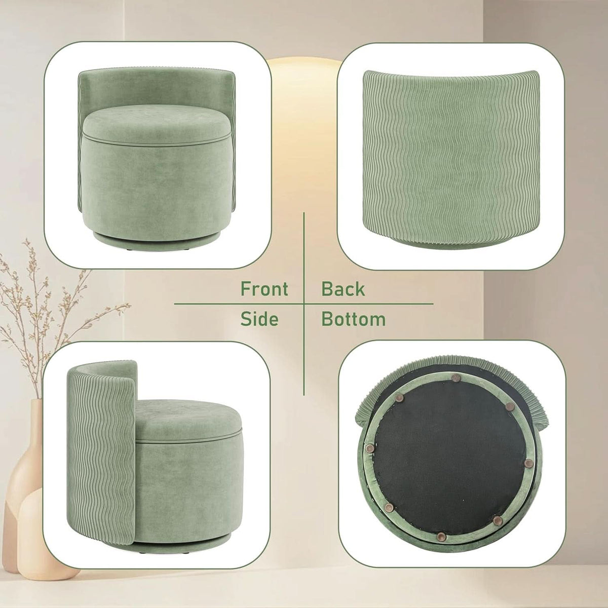 Emerald Velvet Vanity Ottoman With 360DegreeSwivel