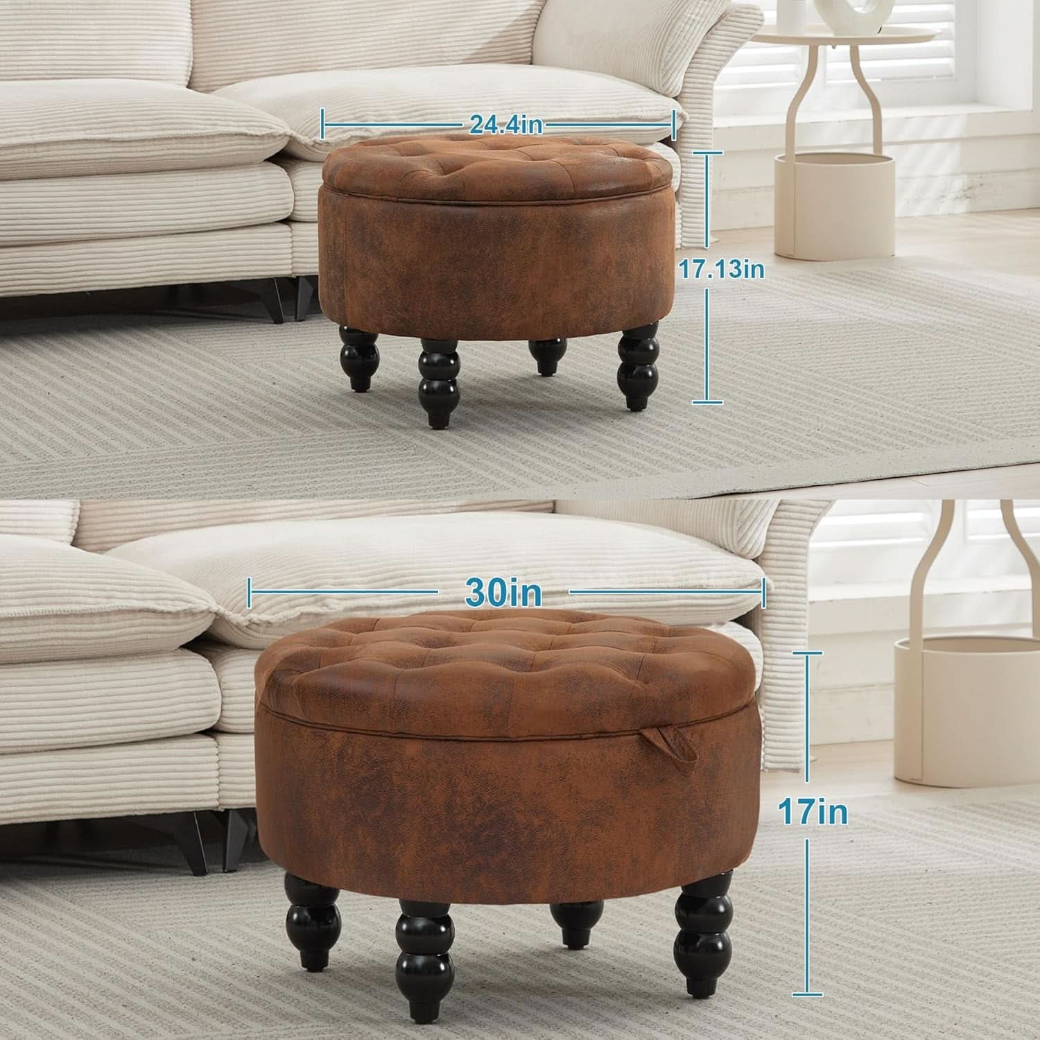 24 Inch Upholstered Storage Ottoman Featuring Tray