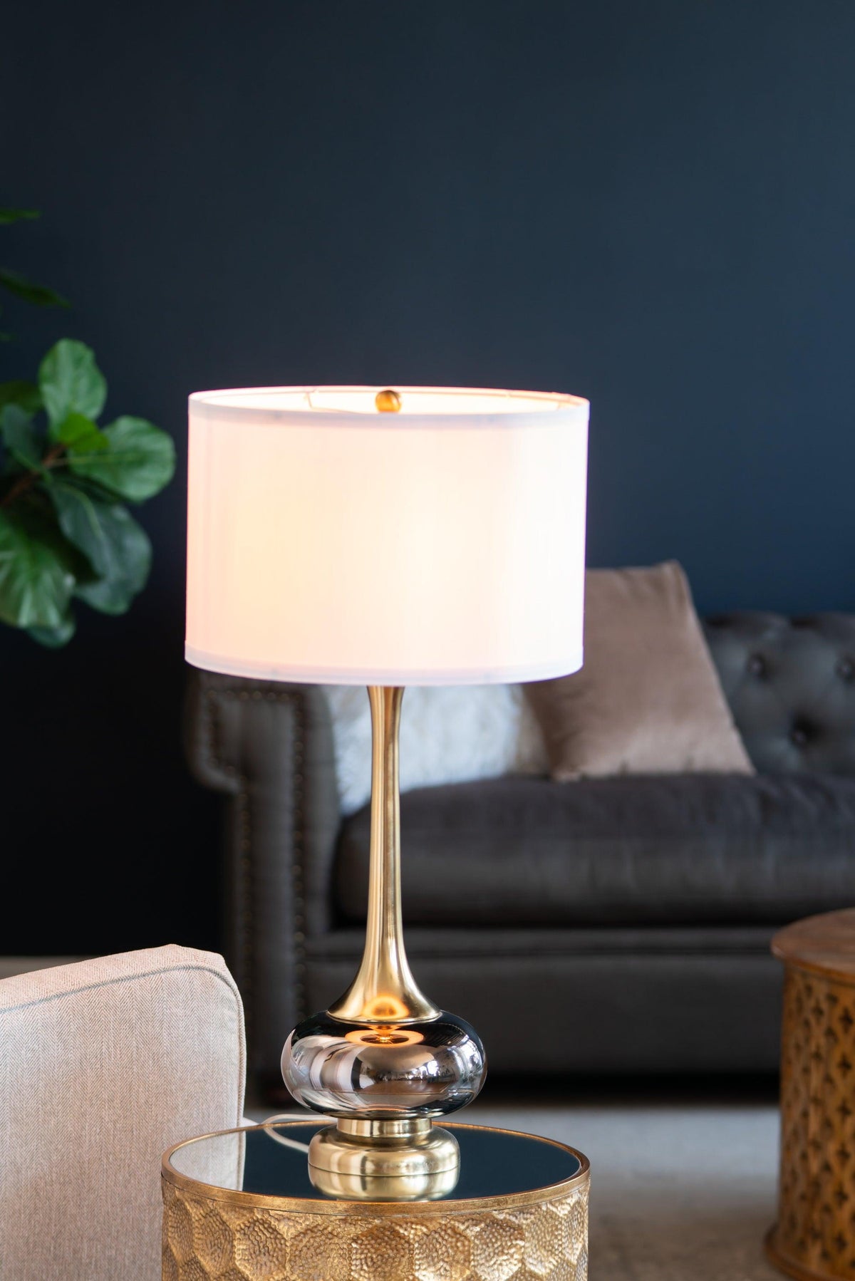 Modern Glass Table Lamp with Gold Accents & White Drum Shade