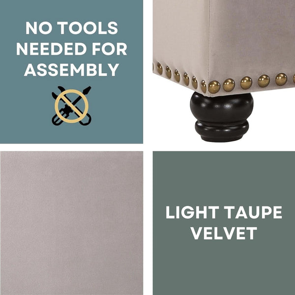 24 Inch Velvet Textured Light Taupe Storage Ottoman