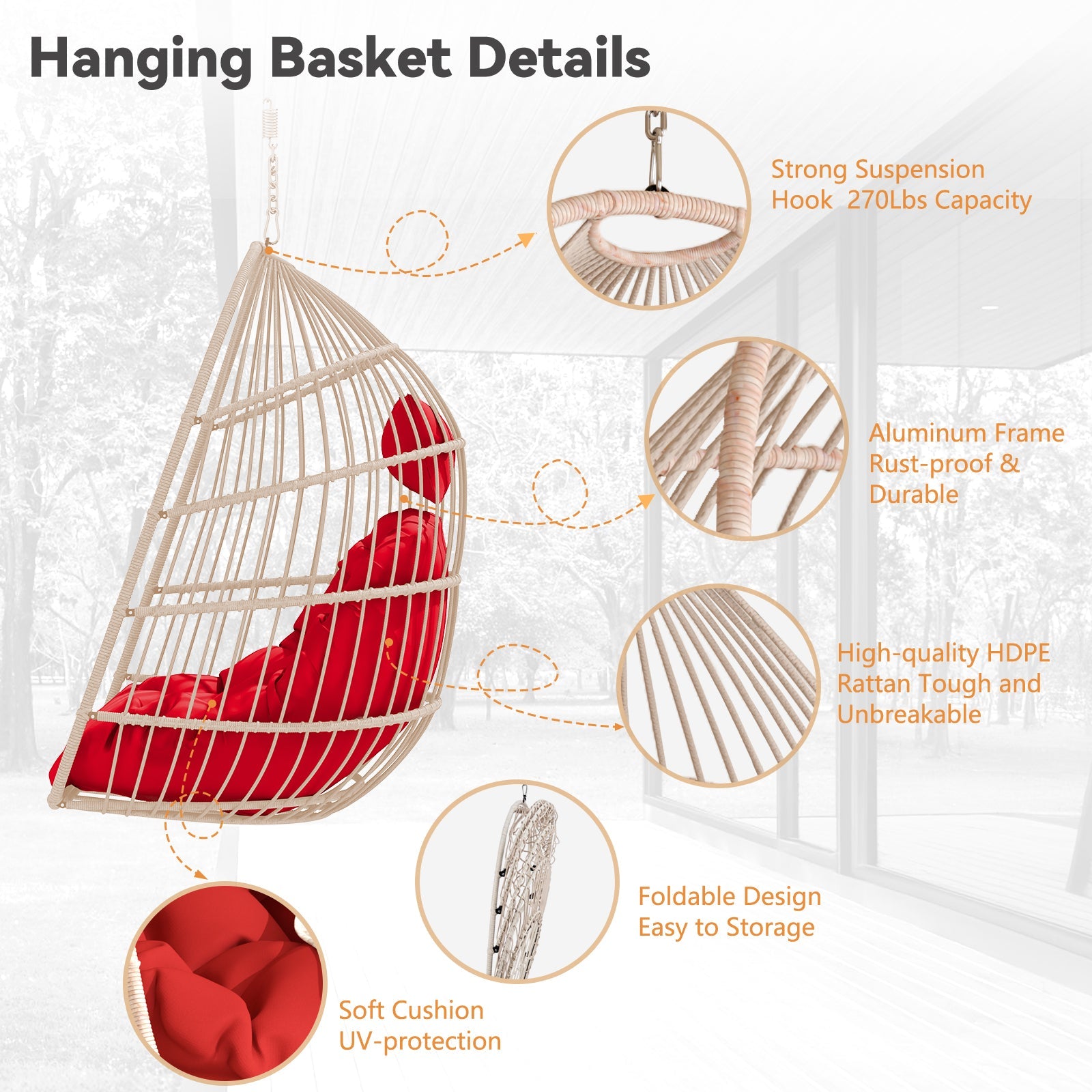 Outdoor Garden Rattan Egg Swing Hanging Chair PE Wicker Hanging Chair for Outdoor Patio