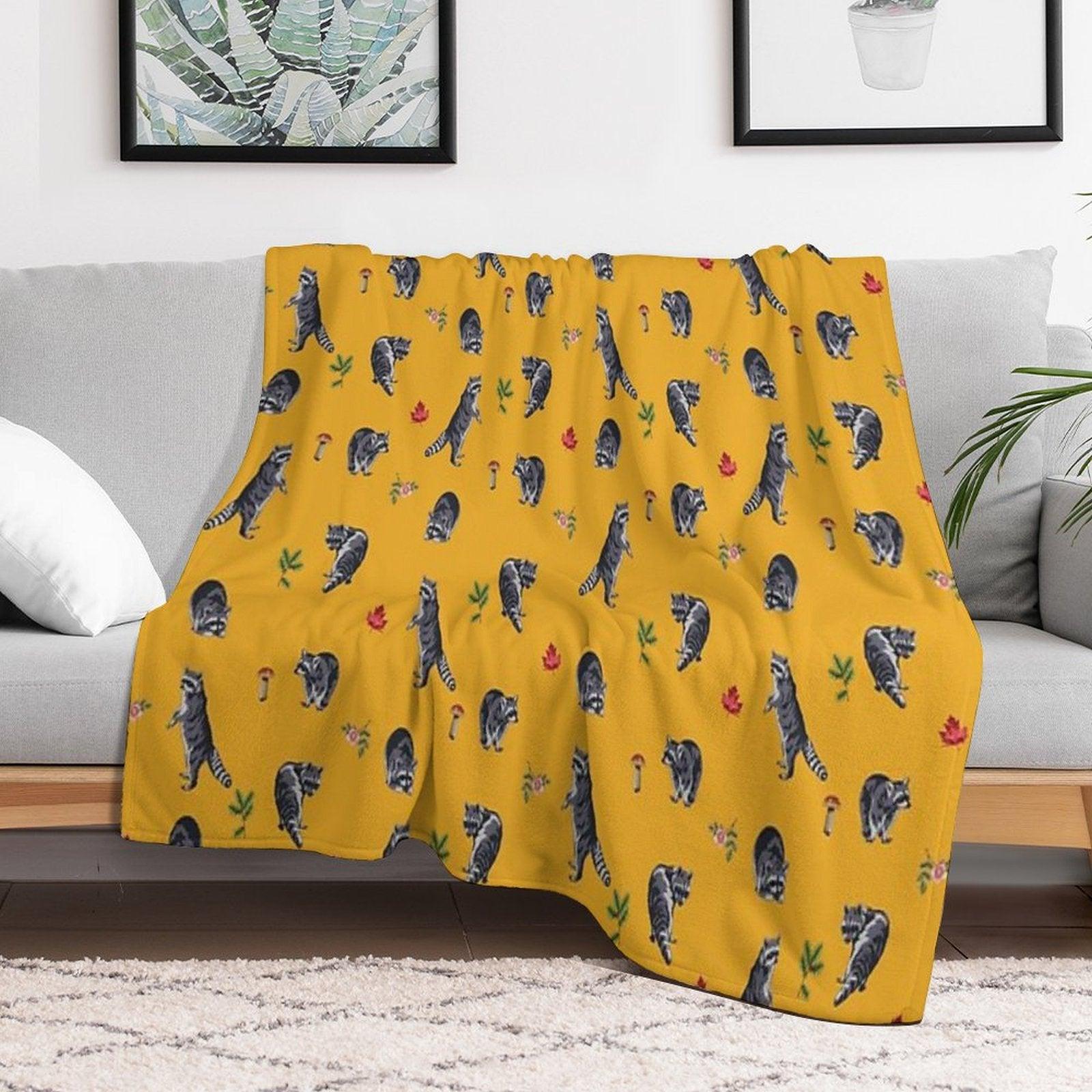 Mustard Raccoon Pattern Throw Blanket