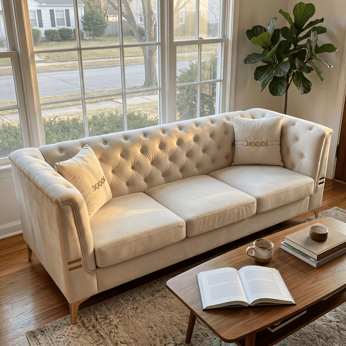 Ivory Velvet 3‑Seat Sofa