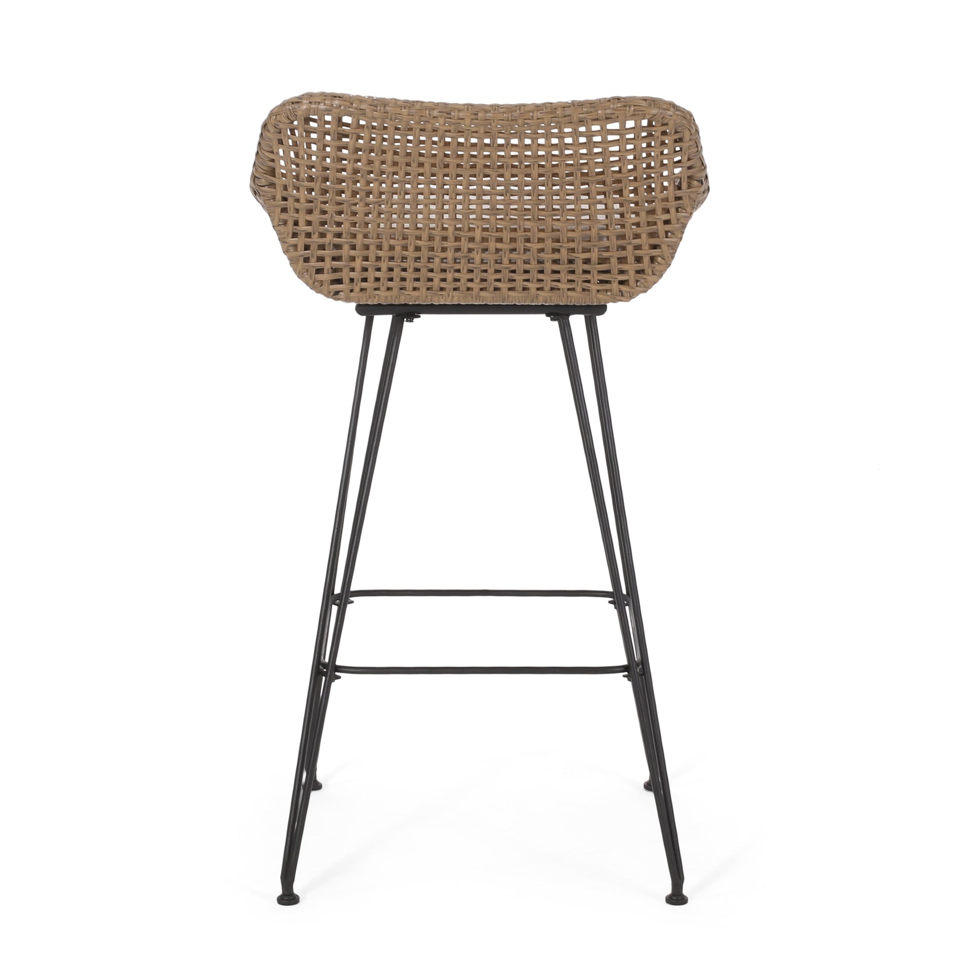 29.25' Outdoor Wicker and Iron Low Back Barstools, Light Brown, with Beige Cushion (Set of 2)