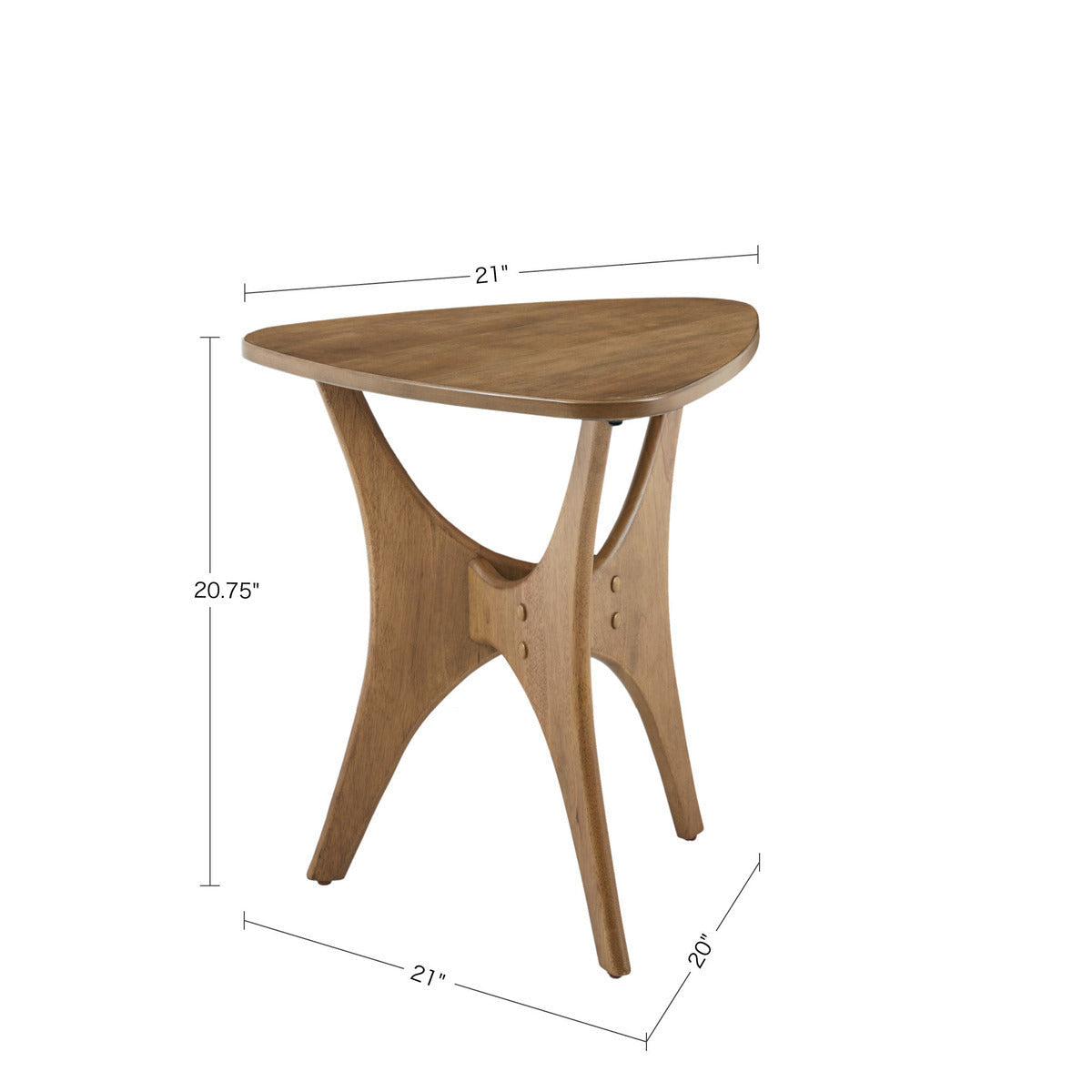 Triangle Wood Side Table with dimensions 21x21x20 inches, ideal for compact spaces and modern interiors.