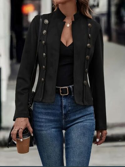 Decorative Button Open Front Long Sleeve Jacket – Elegant Casual Outerwear for Women