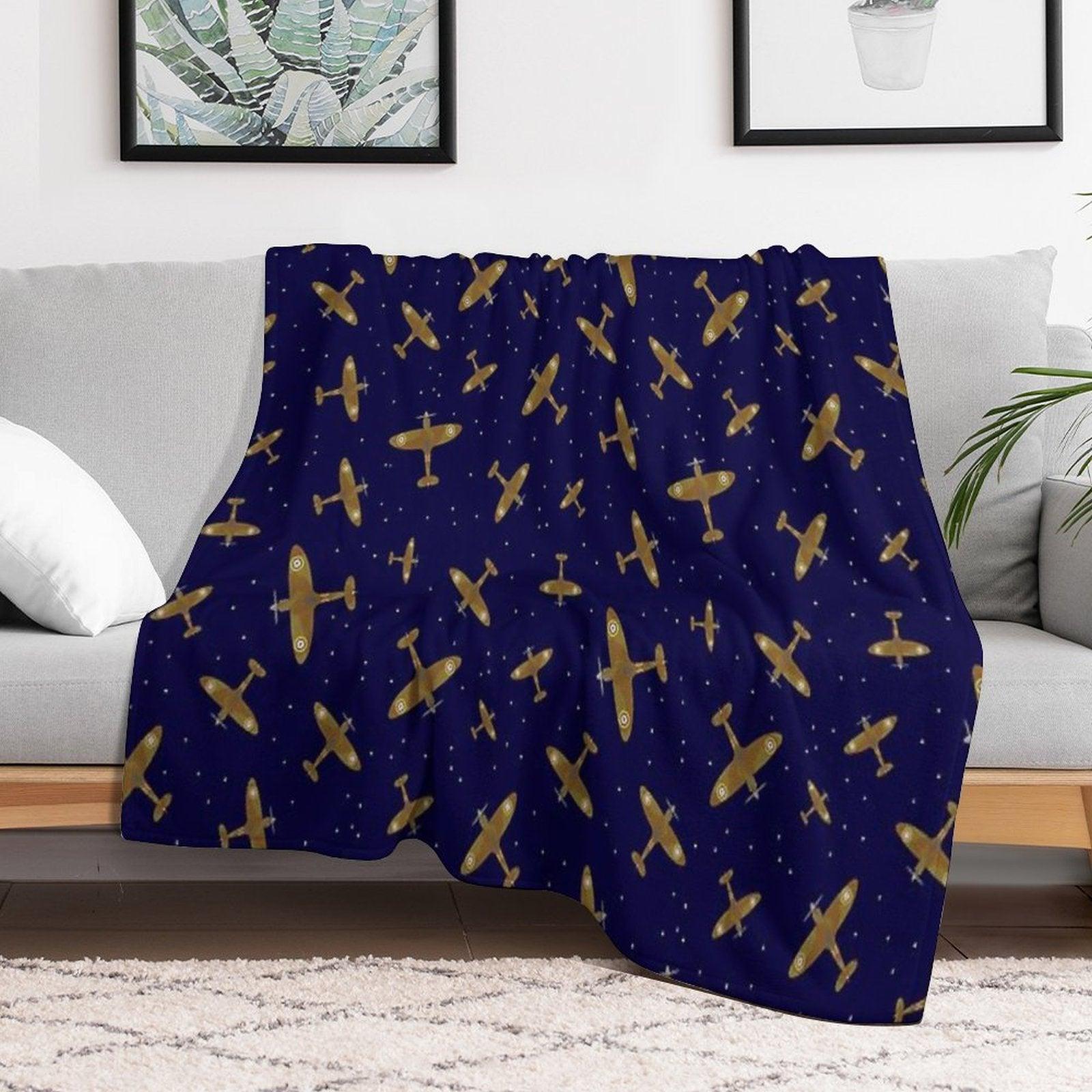 Spitfire War Planes in Flight on Navy Blue Throw Blanket