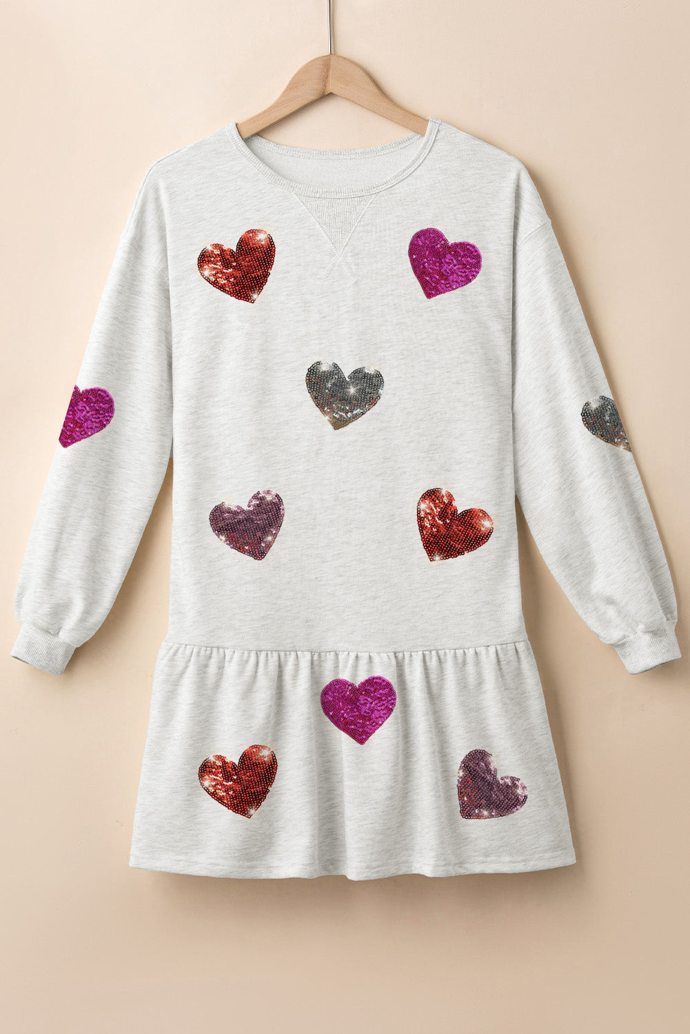 Cute Heart Round Neck Long Sleeve Mini Dress Stylish Dress for Women Girls Simple Charming Dress
