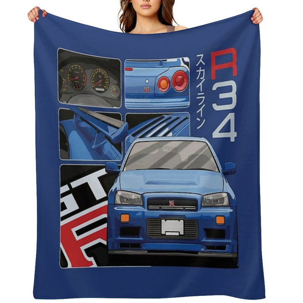 Skyline GTR R34 Blue Drawing Vector Travel-friendly Throw Blanket