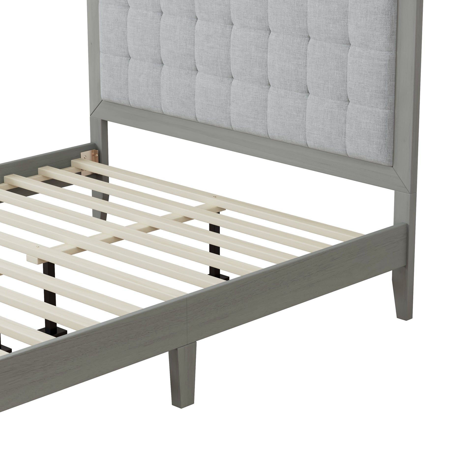 Mid-Century Modern Solid Wood Platform Bed with Upholstered Headboard in Grey, Rubber Wood, Queen Size