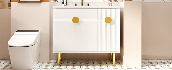 36' Bathroom Vanity with Resin Basin Sink, Modern Bathroom Sink Cabinet, Storage Cabinet with Soft-Closing Door and Drop-Down Door