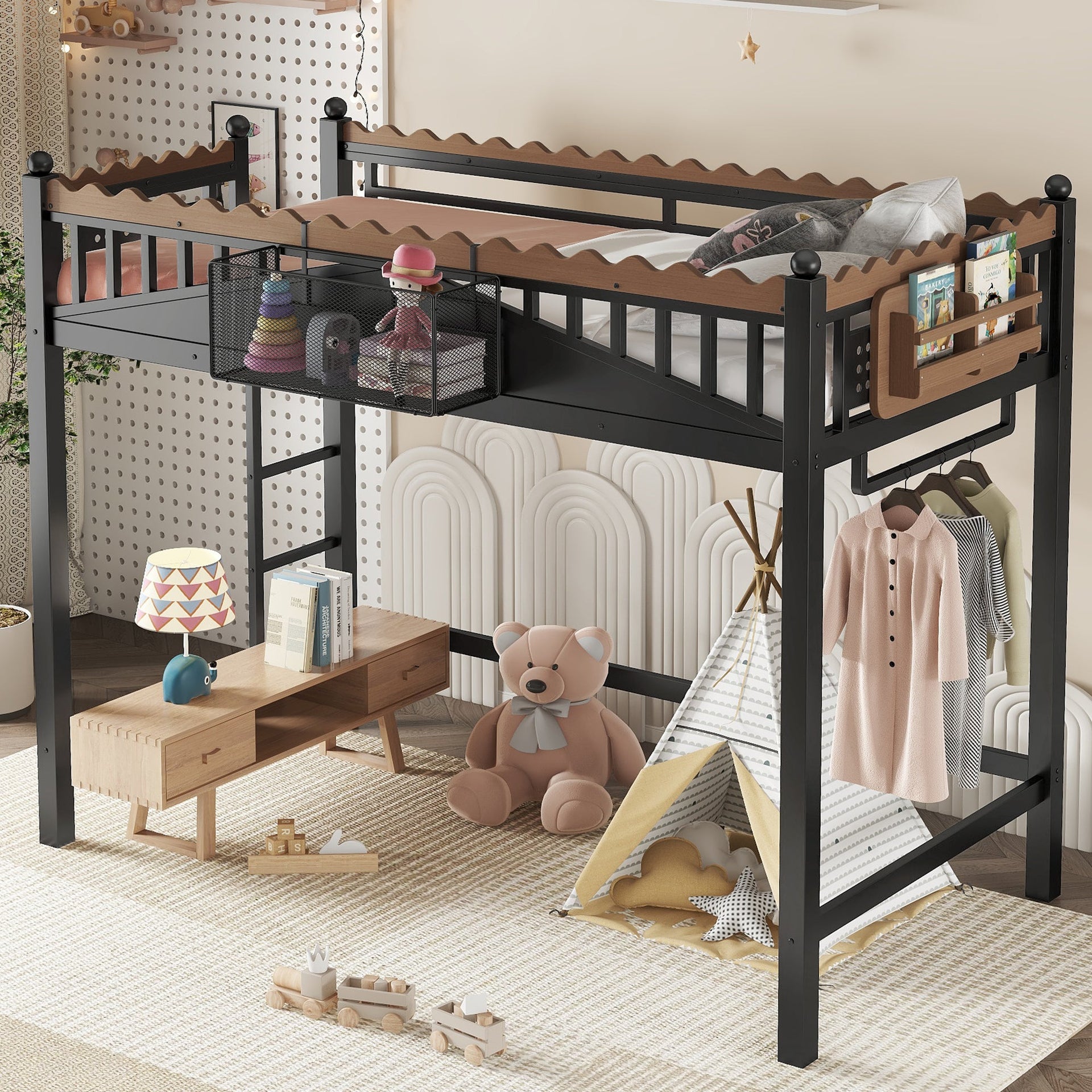 Twin XL Size Loft Bed with Ladders, Storage Shelves, and Bookshelf