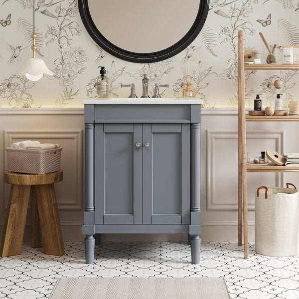 Modern Bathroom Vanity with Top Sink and 2-Tier Large Storage Shelves Cabinet