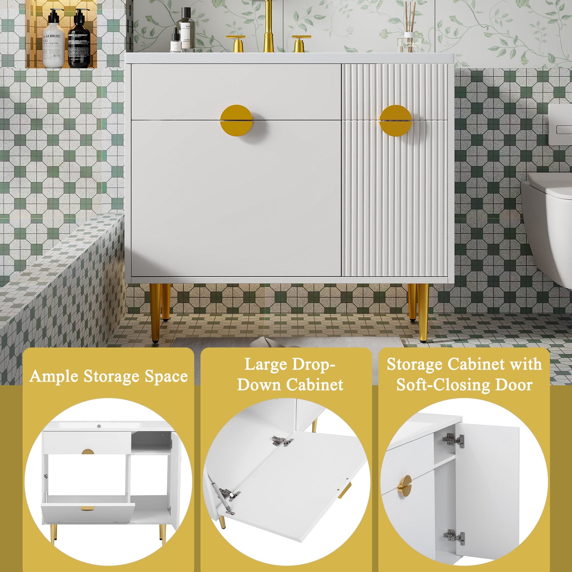 36' Bathroom Vanity with Resin Basin Sink, Modern Bathroom Sink Cabinet, Storage Cabinet with Soft-Closing Door and Drop-Down Door