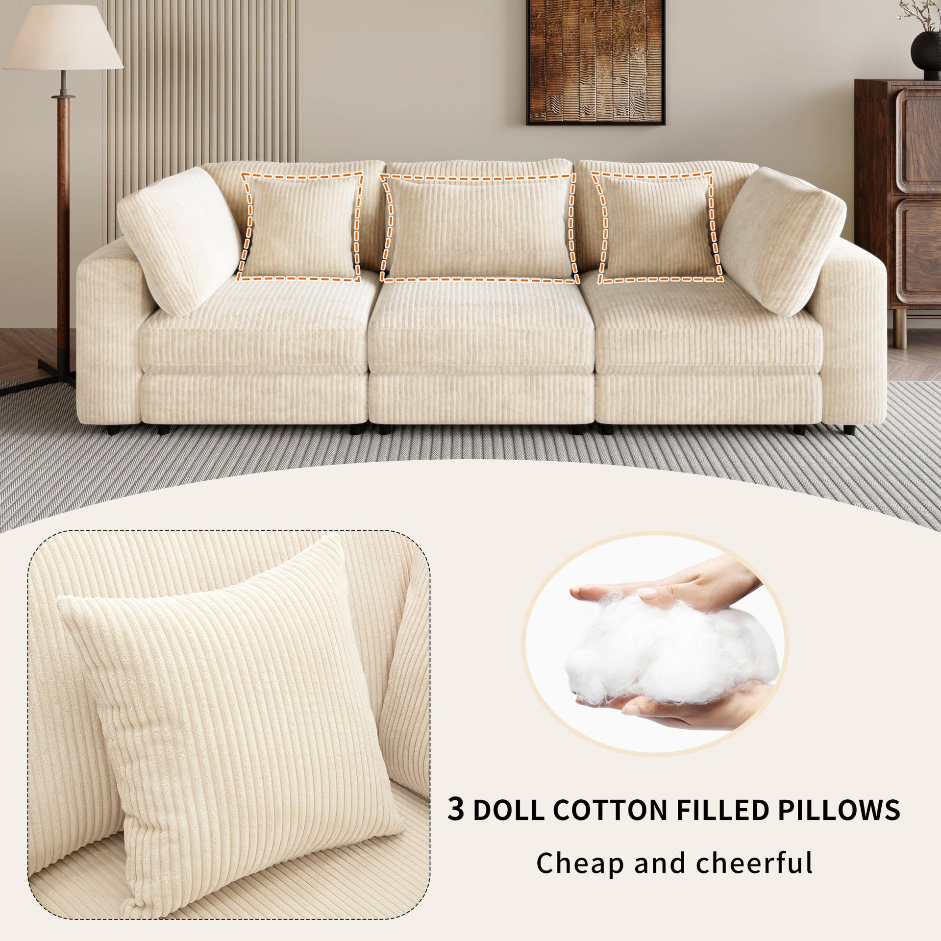 105'' 3 Seater Sofa with Removable Back Cushions and 5 Pillows , for Living Room, Apartment, Spacious Space