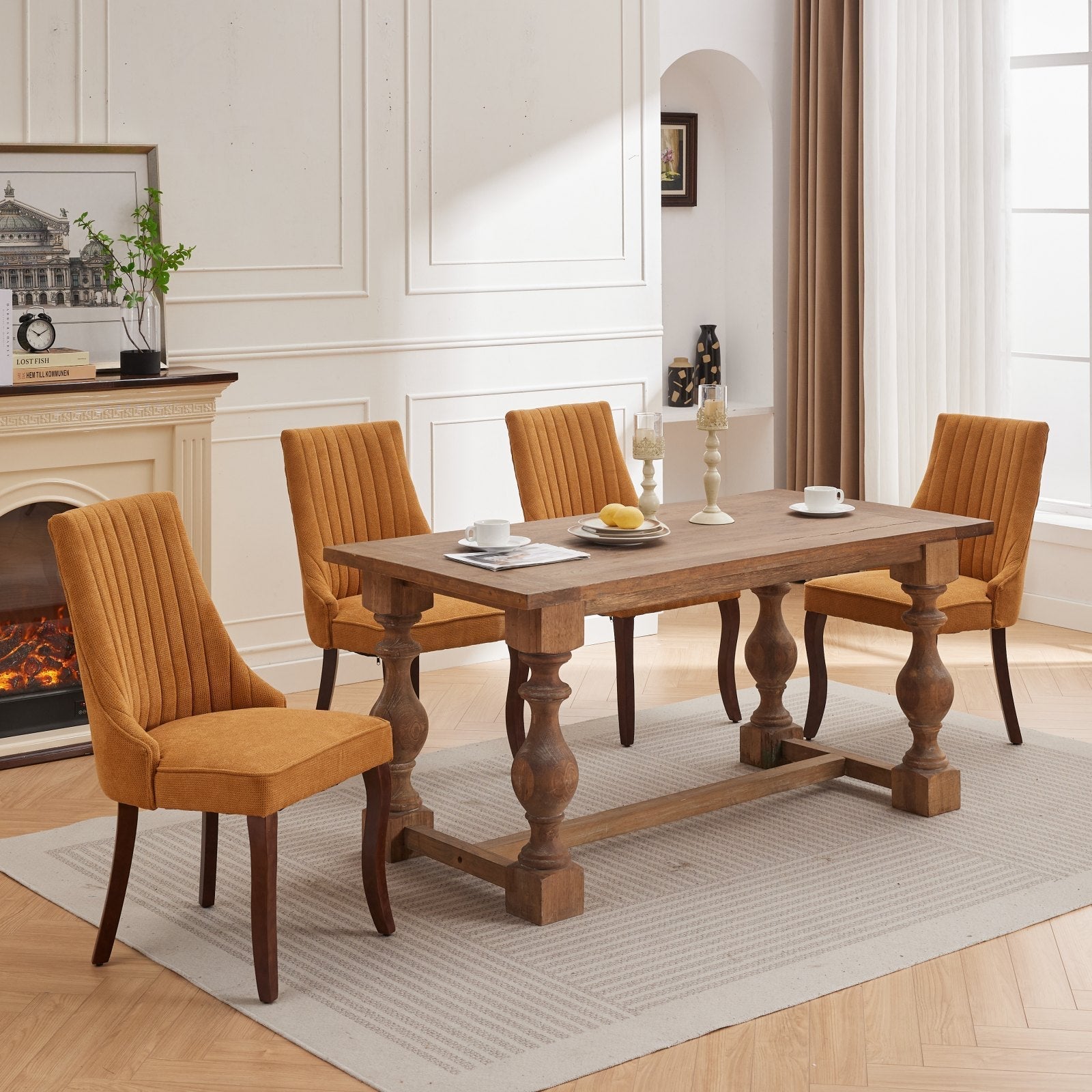 Rustic dining room with four mustard yellow Rayon Cloth Flocking Linen Dining Chairs around a wooden table and fireplace.