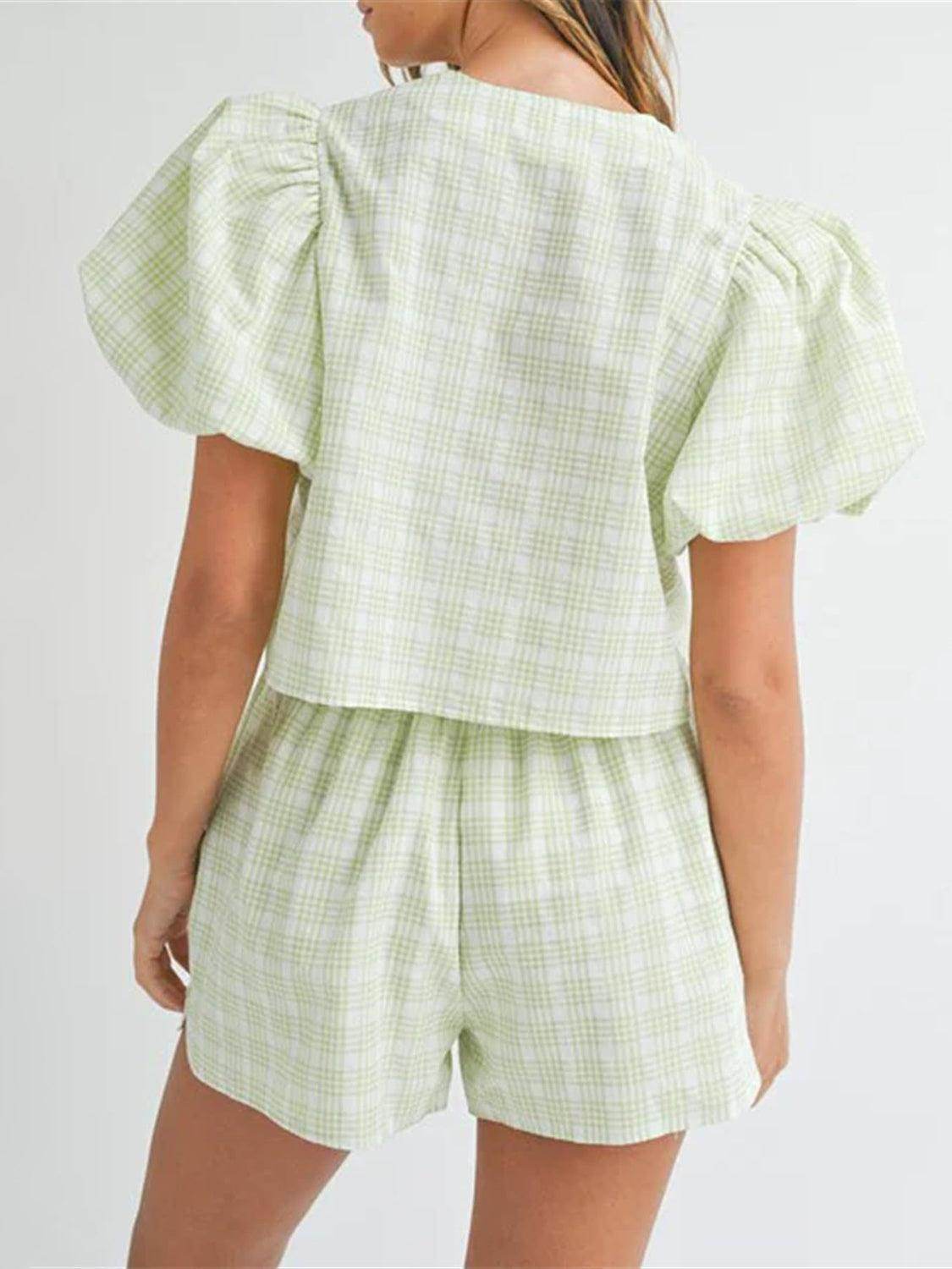 V-Neck Puff Sleeve Top and Shorts Set for Women Fashion