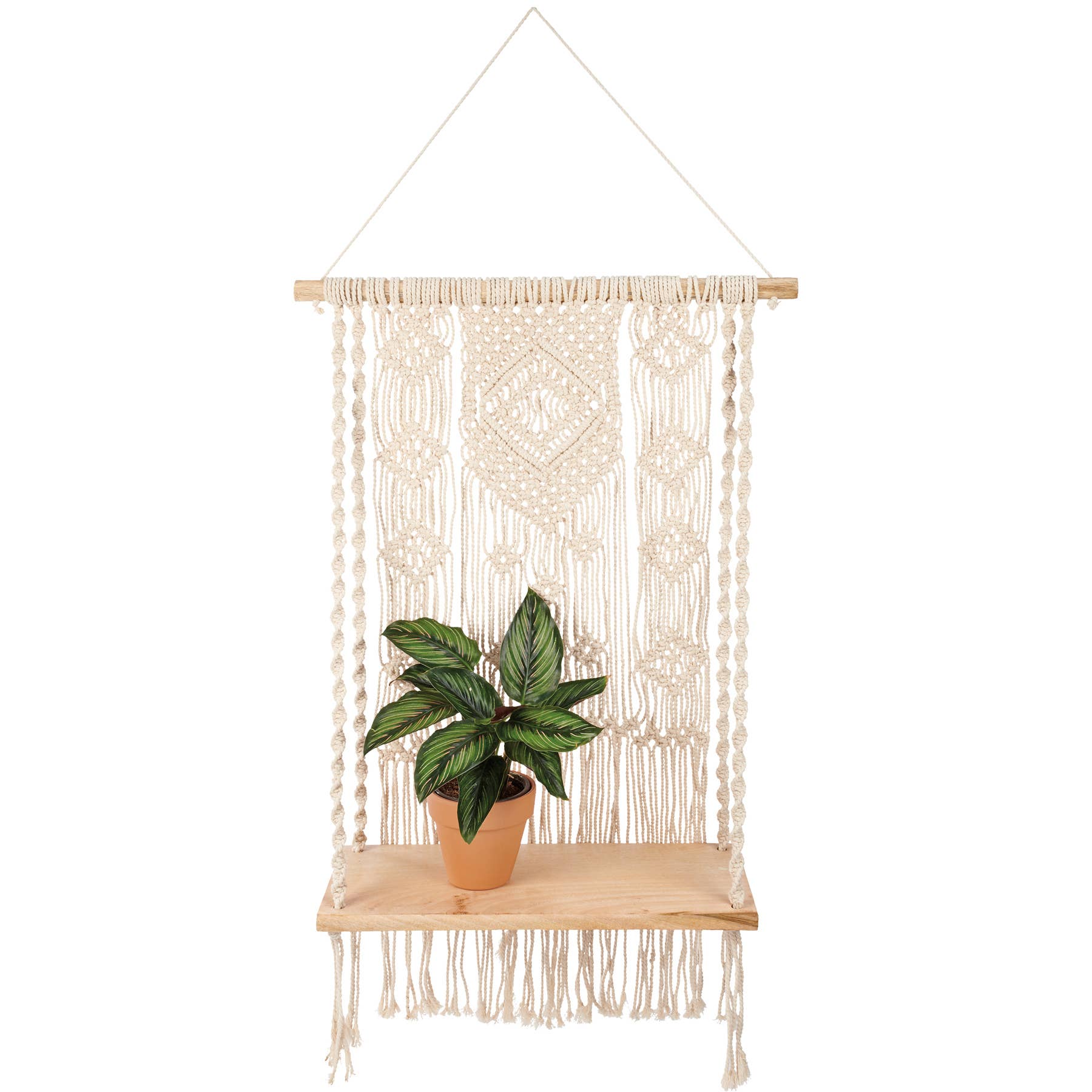 Macrame Shelf - Bohemian Wooden Wall Shelf with Cotton Macrame Decor & Tassel Hanging