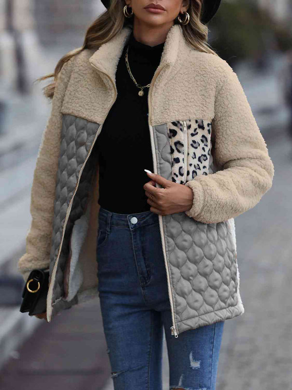 Unique Autumn Leopard Color Block Zip-Up Jacket Trendy Lightweight Jacket with Pockets Charming Winter Jacket