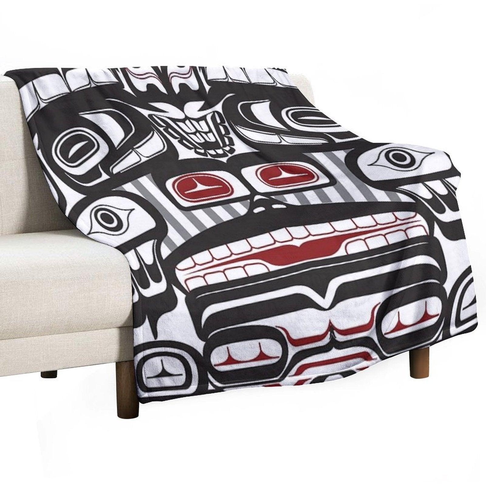 Thunderbird Bear Orca Totem Pole, Coastal Salish Haida Pacific North West Formline Design Native American Throw Blanket