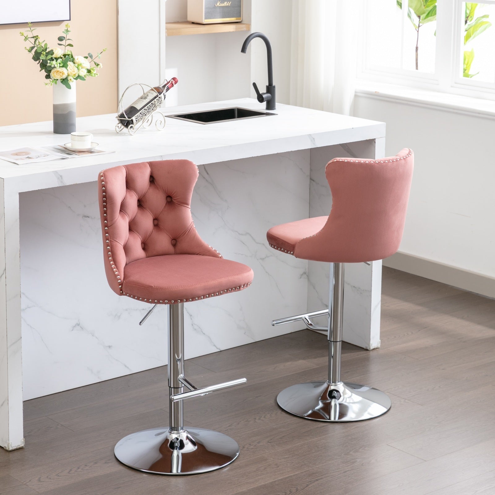 Modern Velvet Swivel Barstools with Adjustable Seat Height and Chrome Base