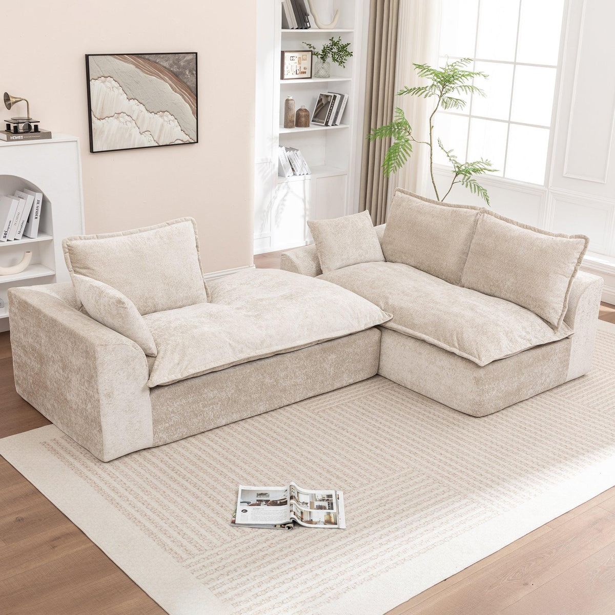 Ivory Chenille L‑Shaped Modular Sectional Compressed Sofa