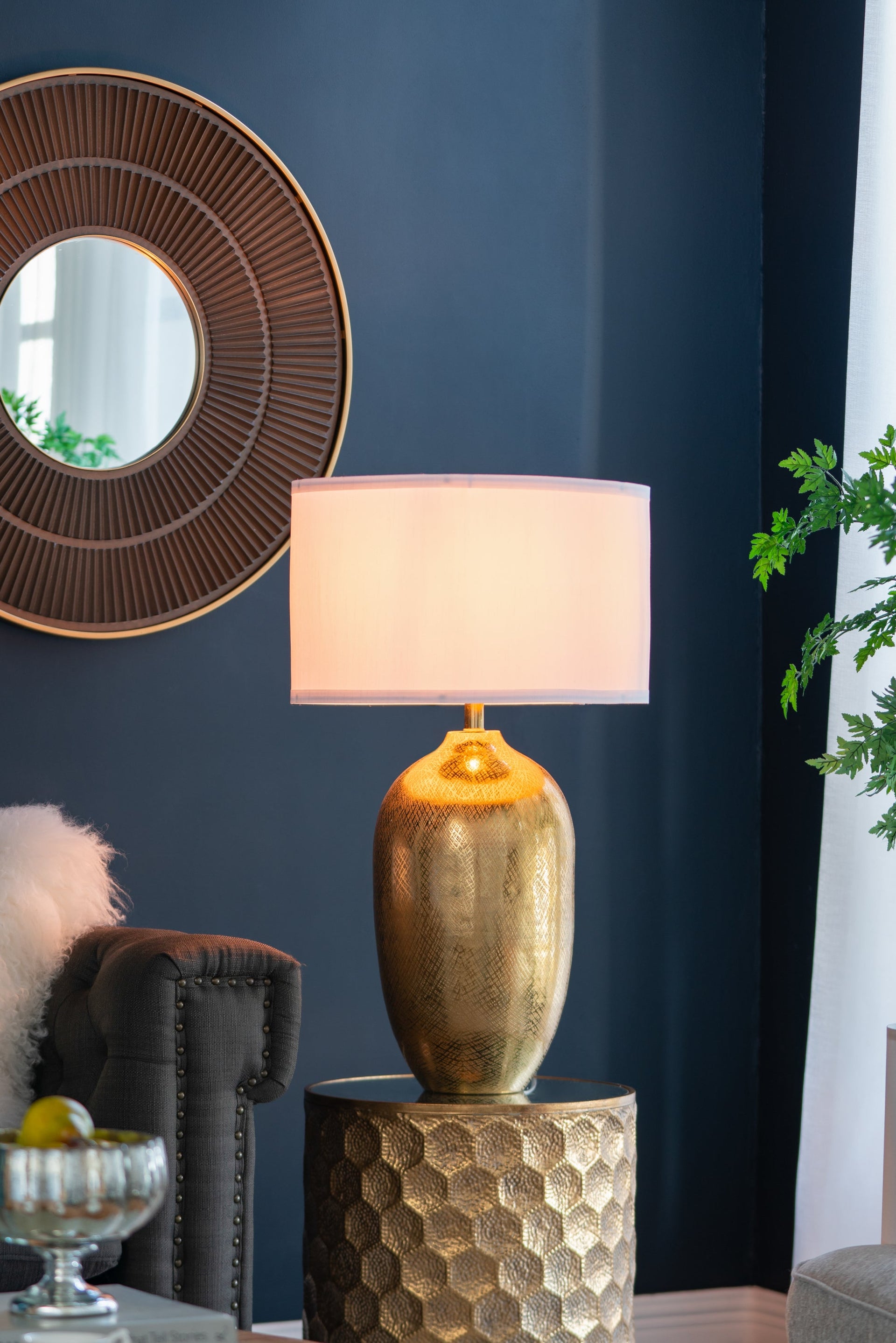 D18x31' Round Aluminum Sheet Gold Table Lamp with White Fabric Shade(Lamp Shade Assembly Required)