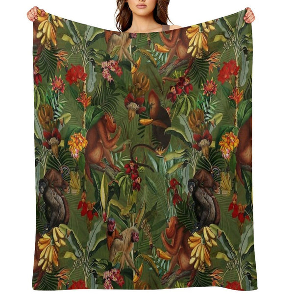 Tropical Monkey Jungle Pattern - Dark Green Botanical Night Garden Nightgarden Plush Throw Blanket