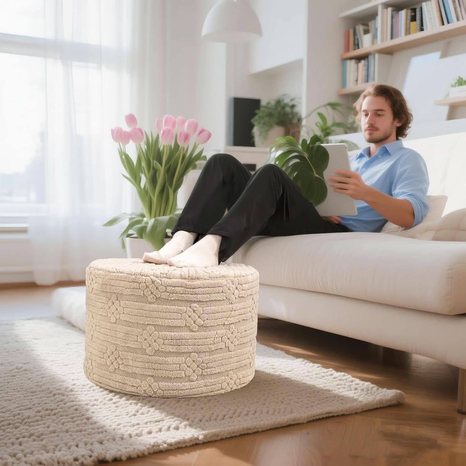 Ultra Plush Floor Pouf Ottoman Foot Rest Light Coffee