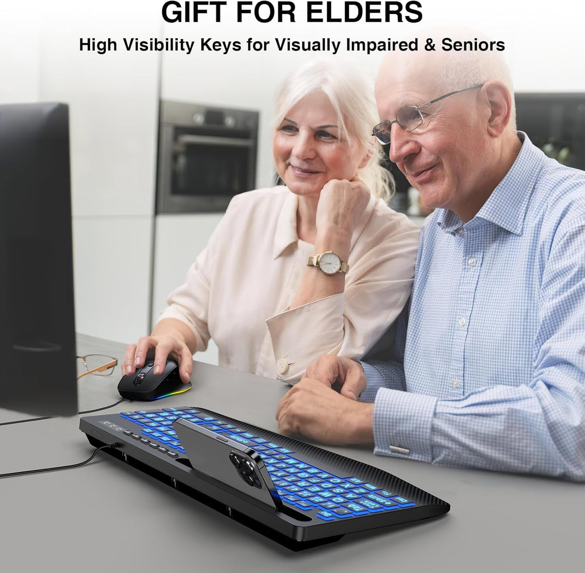 Wired Keyboard Mouse Combo – Large Print Backlit with Ergonomic Wrist Rest & 6-DPI RGB Mouse