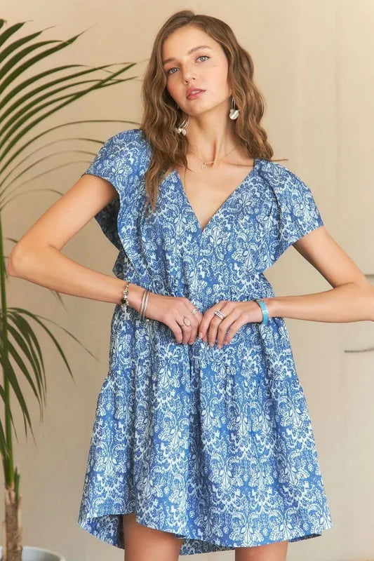 New Summer Printed V-Neck Ruffle Sleeve Mini Dress For Summer – Feminine Floral Print Dress, Stylish, Fashionable, Flirty & Fun
