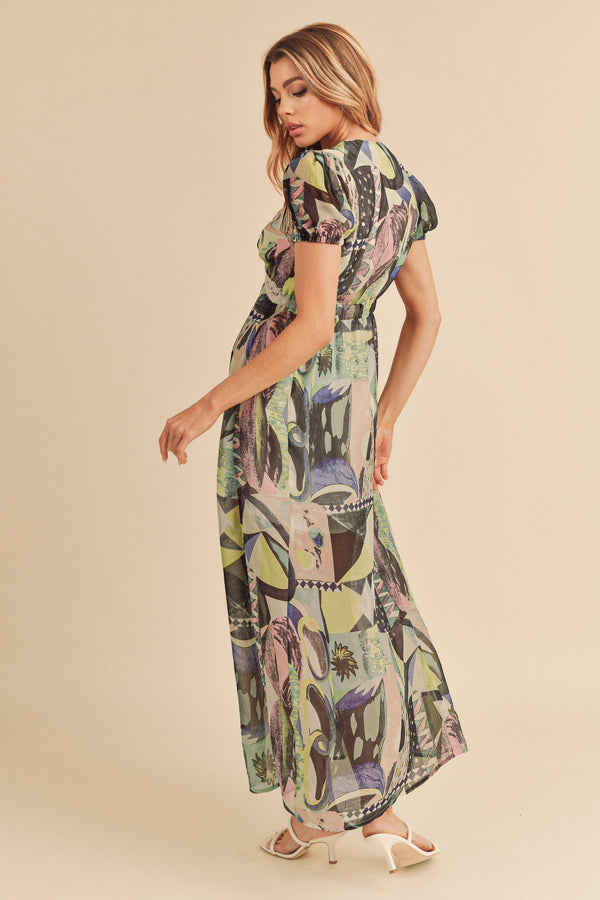 Lace Detail Slit Geometric Print Short Sleeve Maxi Comfortable Dress For Women, Elegant Lace, Alluring Slit, Sophisticated Geometric Print for Casual & Dressy Occasions