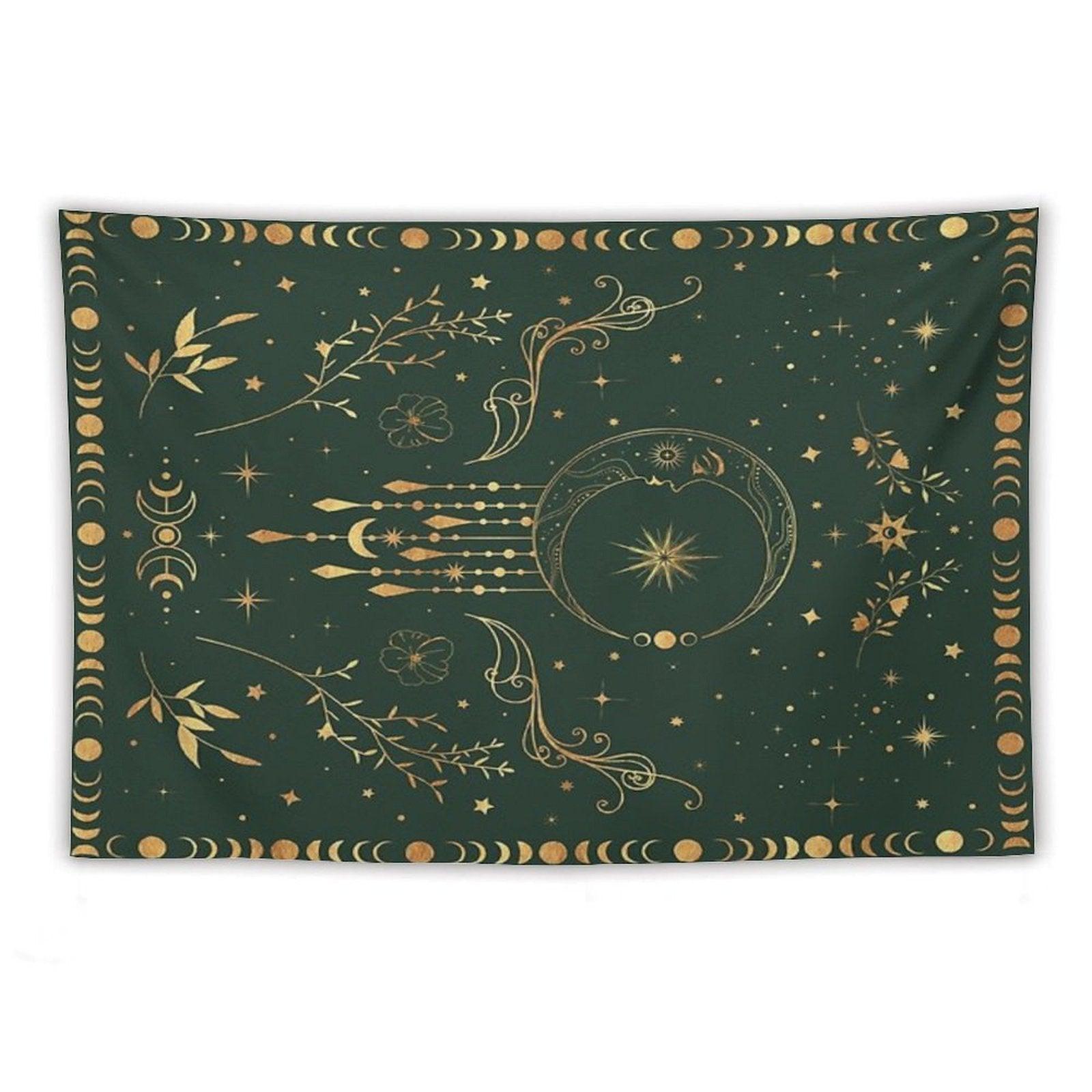 Sage Green And Gold Celestial Crescent Moon with Floral Accents And Moon Phase Tie Dye Tapestry