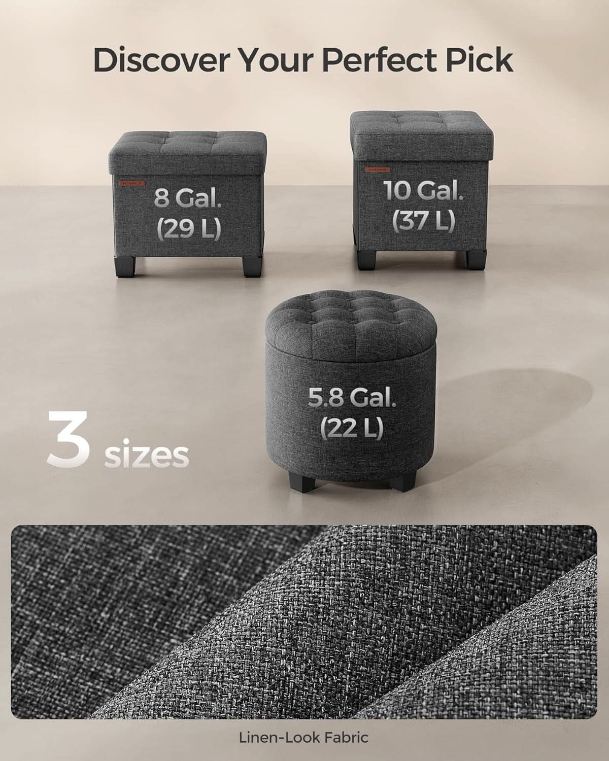 Dark Gray Round Ottoman 17InchesDiameter With Storage
